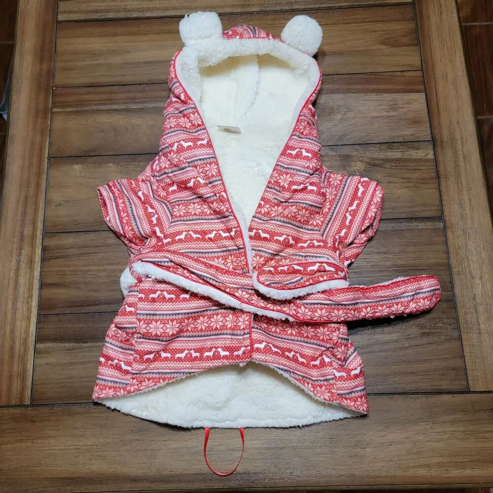 Merry & Bright Christmas Sherpa Dog Robe w/ Hood - Size Large